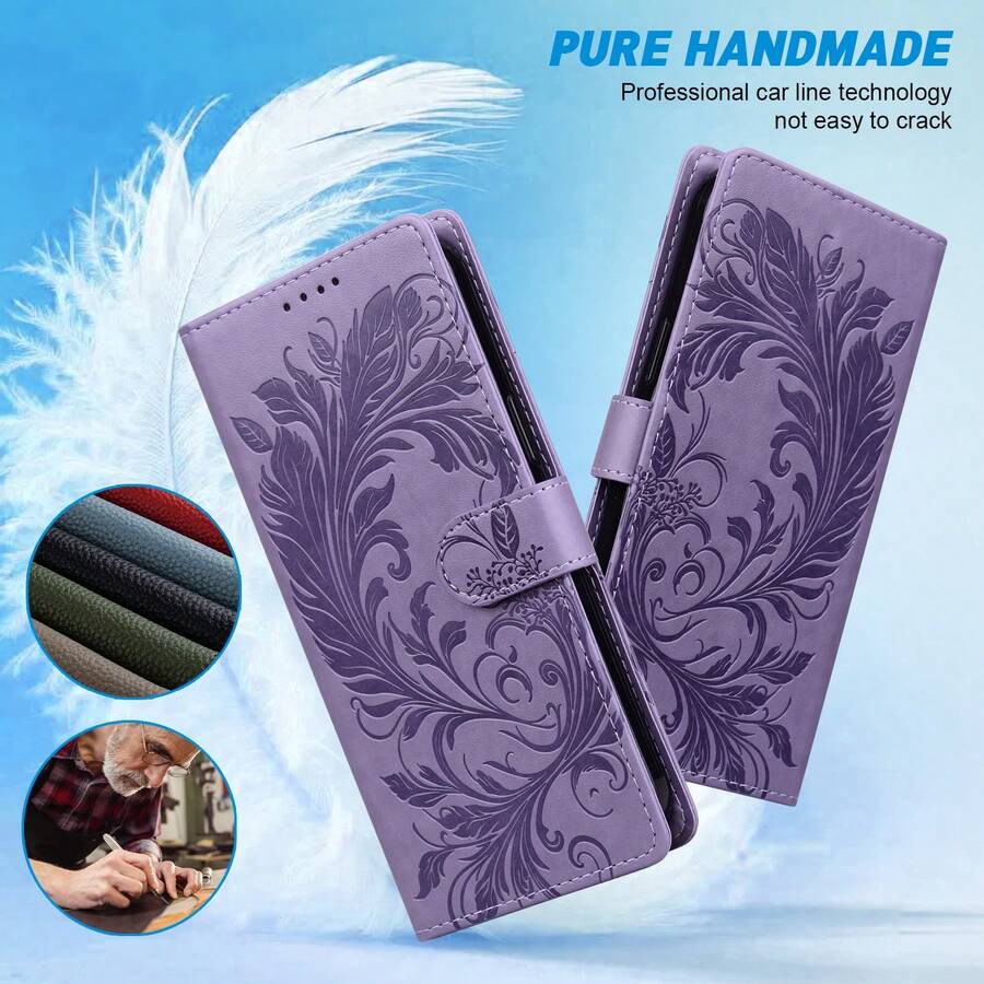 GLANDOTU 復古花卉壓紋PU皮革錢包手機殼 - 翻蓋式設計,多卡槽,支架 - 相容多款手機型號 - 紫色 - 查看 1