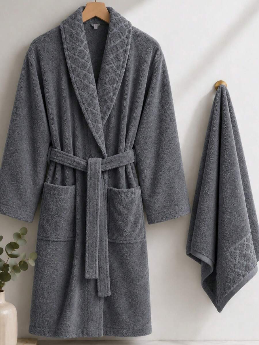 Diamond Pattern Jacquard Shawl Collar Bathrobe - S/M - L/XL - Made In Turkey - Dark Grey - View 1