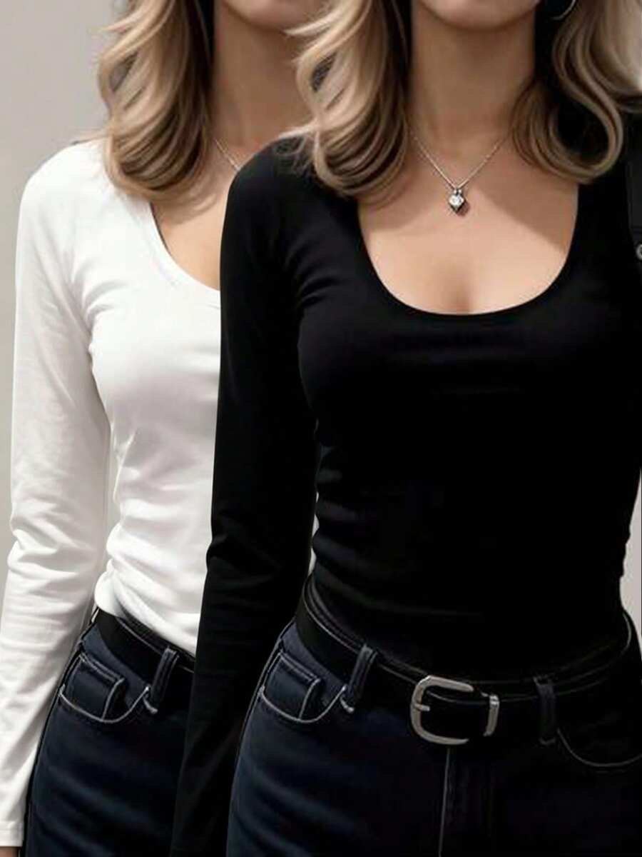 2件組女款U領長袖T恤,夏季新款純色休閒百搭修身短版上衣,時尚日常穿搭 - 彩色 - 查看 1