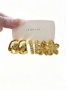 6/18PCS Fashionable Elegant Small C-Hoop Geometric Multi- Gold Metallic Earring Set, Women's Fashion Earring Set, Daily Wear, (Lightweight CCB Material, Non-Fading/No Ear-Pulling Sensation) - Gold - View 9