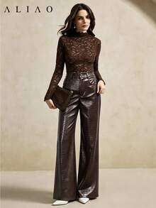 ALIAO Autumn/Winter Crocodile Embossed PU Leather High-Waist Wide-Leg Pants, Fashionable Retro Versatile Women's Clothing - Coffee Brown - View 5