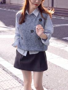 Alicedudu Rompi Sweater Pullover Leher Bulat Bordir Bunga Campuran Wol Musim Gugur Wanita untuk Liburan Musim Gugur - Grey - View 3
