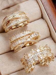 1pc/3pcs/5pcs Luxury Geometric Cubic Zirconia Gold Adjustable Rings Sets,Unique Versatile For Daily Wear,Engagement/Wedding Banquets,Anniversary Gift - Yellow Gold - View 13
