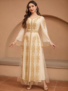 JINLICX Elegant Luxury Solid Color Polyester Beaded Evening Gown For Festivals, Weddings And Formal Events, Spring Summer Autumn - Apricot - View 2