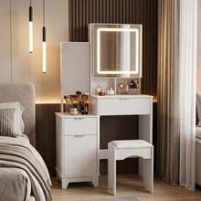 Dressing Table Set With Mirror And Stool, Adjustable LED Light Vanity Table, 3 Drawers Makeup Desk With Sliding Mirror - White - View 7