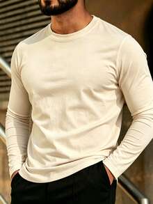 Men's Casual Crew Neck Lightweight Long Sleeve T-Shirt Suitable For Leisure, Sports And Commuting - Apricot - View 1