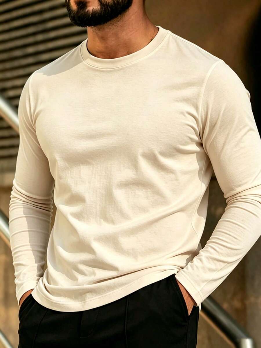Men's Casual Crew Neck Lightweight Long Sleeve T-Shirt Suitable For Leisure, Sports And Commuting - Apricot - View 1