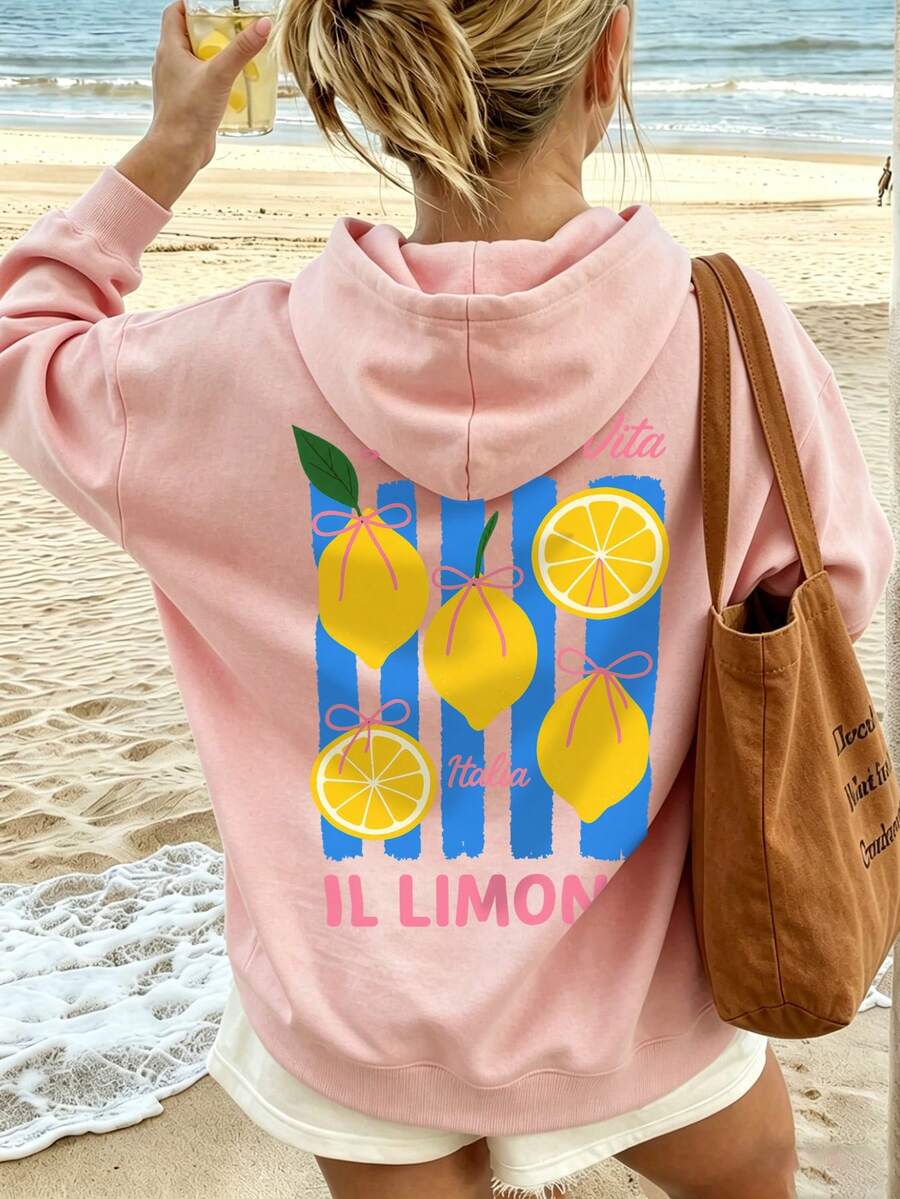 Tween女孩 IL LIMONE 檸檬圖案寬鬆連帽衛衣,休閒抽繩連帽運動衫 - 粉色 - 查看 1
