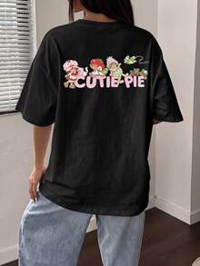 女款夏季 T-shirt，可愛「Cutie-Pie」印花寬鬆休閒 T-shirt，適合日常穿著與甜美女孩風，黑色 - 黑色 - 查看 3