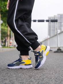 Teens' Fashionable Contrast Color Hook And Loop Sports Shoes - Shock Absorbing Anti-Slip Breathable Mesh Sneakers, Suitable For Outdoor Running And Walking - Yellow - View 9