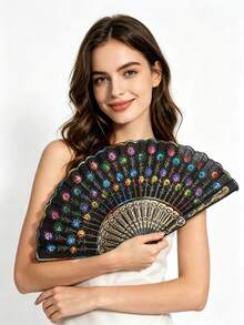 1pc Forever & Moment Elegant Colorful Embroidered Floral Pattern Sequin Fabric Folding Hand Fan, Suitable For Group Dance, Wedding And Festival - Multicolor - View 13