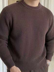 1pc Boys Teen Fashion College Minimalist Casual Retro Solid Color Crew Neck Pullover Sweater Spring Autumn Winter Back To School - Coffee Brown - View 2