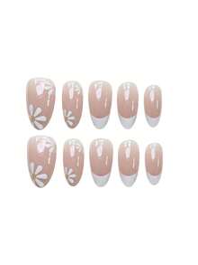30pcs Full Size Spring Daisy Short Almond Press-On Nails, Gentle French Milk White Daisy Fresh Style Nail Tips - 彩色 - 查看 5