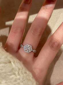 1 pezzo Anello singolo da donna in lega di rame con design floreale di lusso alla moda, con zirconia cubica scintillante incastonata, adatto per balli, feste e banchetti (scatola regalo non inclusa) - Argento - Visualizzare 3