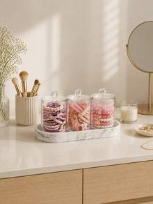 Nordic Minimalist Bathroom Vanity Storage Set, Three Pieces Set Of Transparent Cotton Swab Storage Containers With Marble Tray, Cotton Pad, Cotton Ball, And Toothpick Dispenser, Vanity Table Organizer. - Multicolor - View 5