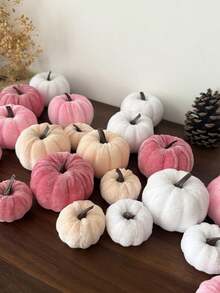16/12/8/2/1pc Velvet Artificial Pumpkins, Red Faux Velvet Autumn Decor, Suitable For Halloween, Thanksgiving, Harvest, Home, Wedding, Farmhouse Style, Tabletop, Christmas Party Decoration, Creative Gift - Pink - View 8