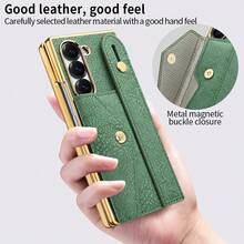 VIETAO 電鍍人造皮革手機殼，附腕帶、卡槽、支架，相容 Galaxy Z Fold 4 5 6 7 Fold7，時尚手機殼 - 綠色 - 查看 7
