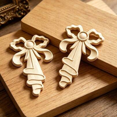 2pcs Solid Wood Carved Bow Applique, Home Decor, Unfinished Wood, Woodworking Supplies, Suitable For Cabinets, Doors, Windows, Furniture, Feature Walls And Other Decals, DIY Decoration, Holiday Decoration