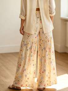 Women's Casual Long Wide-Leg Pants With Vibrant Floral Print, Featuring Pockets, Made Of Comfortable Non-Stretch Fabric Vacation - Apricot - View 3