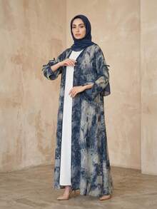 Hafizah 穆斯林女款端莊時尚雪紡印花兩件套，含希賈布，夏季休閒外套 - 藍色 - 查看 2