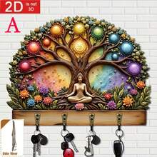 2D Flat, 1pc, Seven Chakra Tree Of Life Wooden Multi-Function Key Holder With 4 Metal Hooks, Vintage Boho Wall Key Rack Organizer, Entryway Hallway Living Room Bedroom Kitchen Office Decor, Christmas New Year Gift, All Season Home Decor - Multicolor - View 5