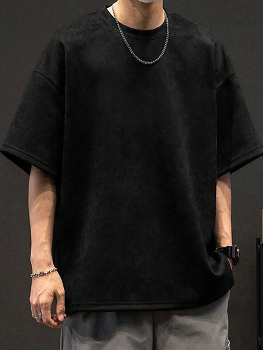 Men's Casual Simple Solid Color Drop Shoulder Loose T-Shirt, Emo - Black - View 1