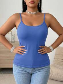 1 st enfärgad basic camisole i plus size, justerbara spaghettiband, inbyggd bröstvaddering, elastisk slim fit, lämplig för daglig lager-på-lager och avslappnad stil - Blå - Visa 5