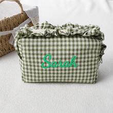 Personalized Gingham Cosmetic Bag, Ruffle Trim Makeup Pouch, Custom Name Toiletry Organizer, Small Travel Storage Bag, Coin Purse, Cute Gift - Multicolor - View 22