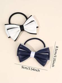 2pcs/4pcs Navy Blue&White Bow Scrunchies,PU Leather Scrunchies,Black Elastic Rubber Band Scrunchies Hair Accessories For All Seasons,Back To School - Multicolor - View 8