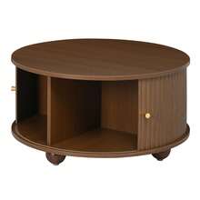 Coffee Table, Round Coffee Table, Living Room Table, Surrounding Vertical Relief Structure, Two Sliding Doors, MDF Body, Metal Handles, Spherical Metal Legs, Four Separate Storage Compartments. - Walnut Wood Color - View 8