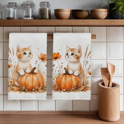 2PCS Kitchen Towels Autumn Pumpkin Cute Cat Pattern Printed 40*60cm Country Farm Style Rectangular Microfiber Kitchen Towels, Dish Cloths, Tablecloths, Hand Towels, Kitchen Decor, Home Decor, Neighbor Housewarming Gift, Perfect For Kitchen And Bathroom Use, Suitable For Housewives And Family Gathering Gifts, High Cost-Performance, Home Essential