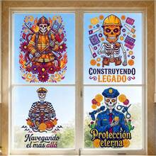 4pcs Day Of The Dead Skeleton Professions With Flowers And Spanish Text Window Sticker Cartoon Design Firefighter Construction Worker Sailor Police Self-Adhesive Easy Peel Stick Matte Finish For Window Glass Surface Halloween Decoration - A - View 2