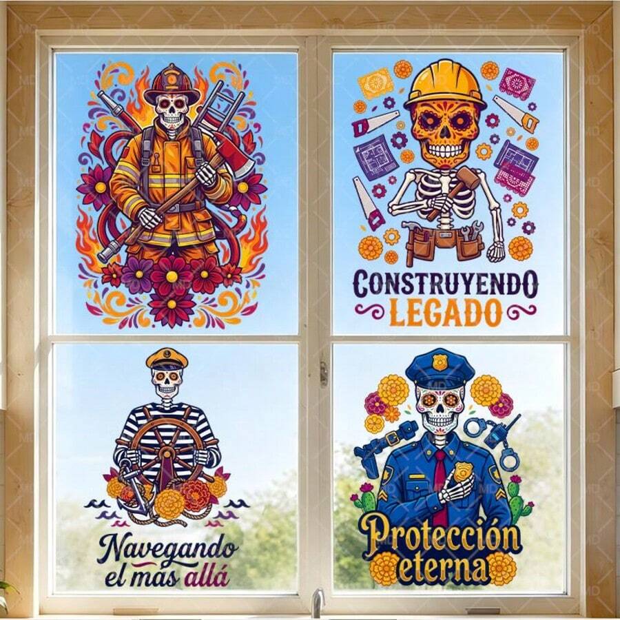 4pcs Day Of The Dead Skeleton Professions With Flowers And Spanish Text Window Sticker Cartoon Design Firefighter Construction Worker Sailor Police Self-Adhesive Easy Peel Stick Matte Finish For Window Glass Surface Halloween Decoration