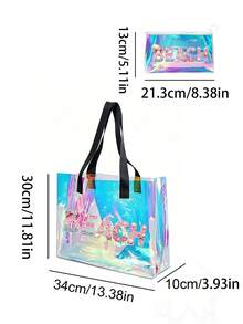 Iridescent Laser Transparent PVC Beach Tote Bag, Large Capacity Beach Letter + Matching Pattern Zipper Pouch, Waterproof Sand-Resistant Easy To Clean, Can Store Swimwear, Towels, Sunscreen, Cosmetics, Suitable For Beach Vacation, Pool Party, Camping Picnic, Short Trip Scenarios, Suitable For Students, Moms, Travel Girls, Qixi, Birthday, Summer Festival Gift, Also Can Be Used As Toiletry Bag, Shopping Bag, Travel Storage Bag - Multicolor - View 11