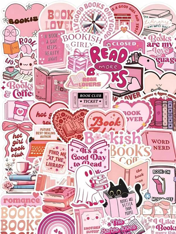 62pcs Pink Study Theme Stickers, Cute Book And Bow Patterns, Can Be Used To Decorate Journals, Sweet Sticker Set, Can Be Used As Laptop Accessories, Celebrate Reading Life