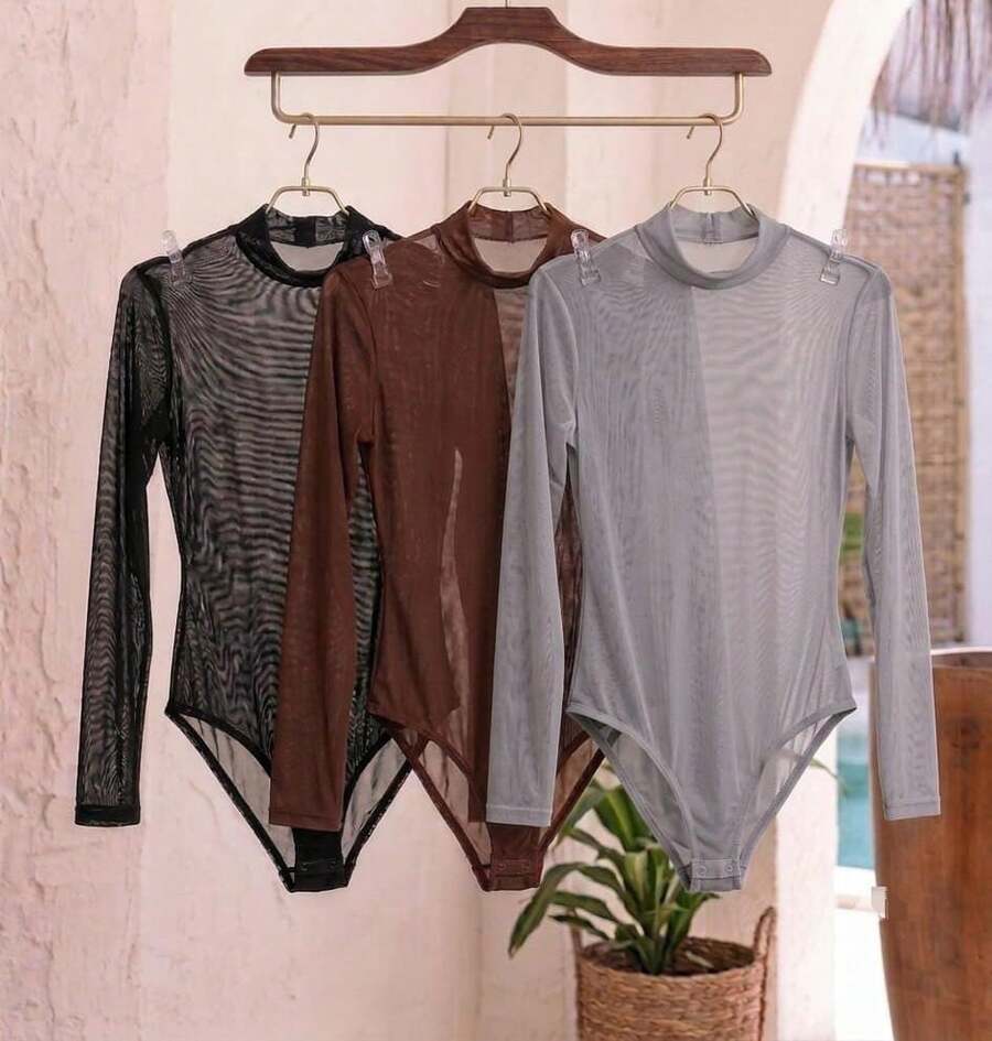 Basic Tulle Bodysuit With Long Sleeves - Fall/Winter 2025 Fashion - 3-black+Brown+Gray - View 1