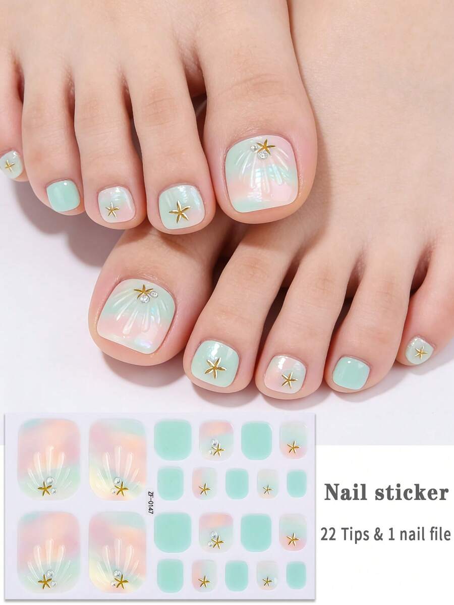 Beauty Sticker 22 piezas de tiras de uñas de los pies con strass, pegatinas de uñas de los pies con brillo degradado, fáciles de aplicar, adecuadas para manicuras DIY de damas en vacaciones, viajes y bailes de graduación - Multicolor - Ver 1