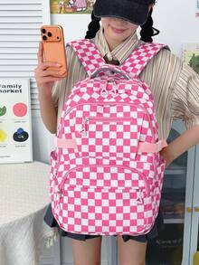 1件休閒拼色格紋學生後背包，多口袋輕量休閒上學包，大容量書包，適合學生/畢業生/研究生，適用於開學季、校園學習、短途旅行、戶外露營及日常休閒出遊 - 查看 6