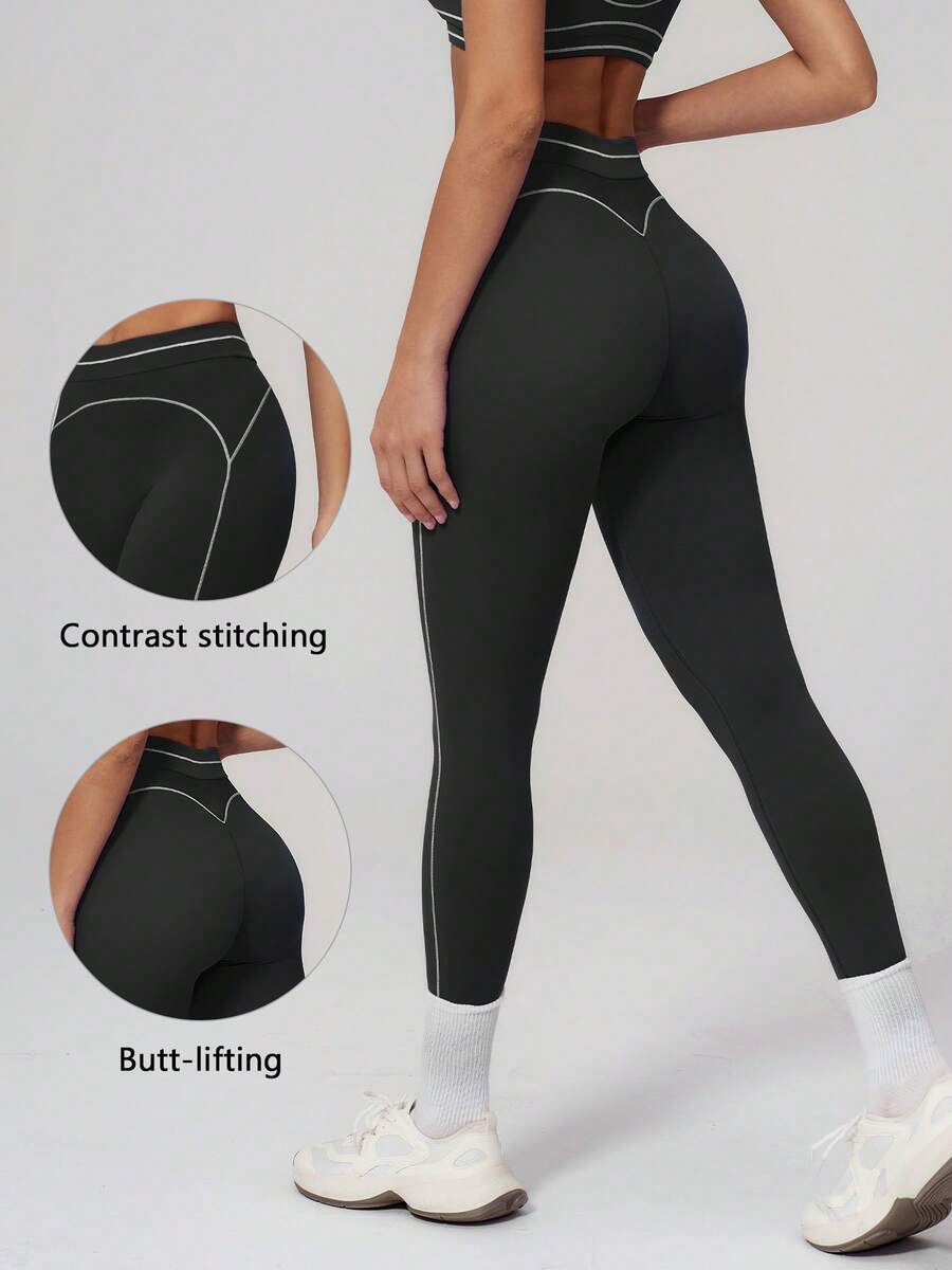 TimeOff Women's 1pc Colorblock White Line Decor High Waist Tummy Control Cropped Sports Long Pants - Black - View 1
