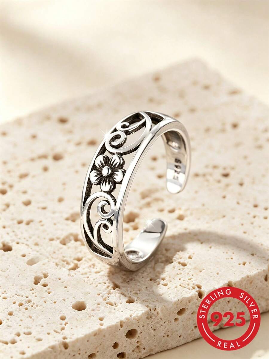 1pc Vintage Sterling Silver Hollow Out Plum Blossom Shaped Adjustable Toe Ring For Women, Summer Dating Gift - Silver - View 1