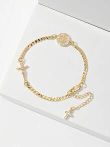 1PC Classic Italian Bracelet Style Micro-Inlaid Zirconia Copper Vintage Gold Catholic St. Jude & Jesus Cross Pendant Chain Bracelet, Limited Edition Guardian Light Necklace, Suitable For Christmas/Thanksgiving/Halloween/Mother's Day/Valentine's Day Couples/Friends/Fellow Believers Gift, Catholic First Communion, Gift, Daily/Holiday Wear, Prayer Day Wear - Yellow Gold - View 16