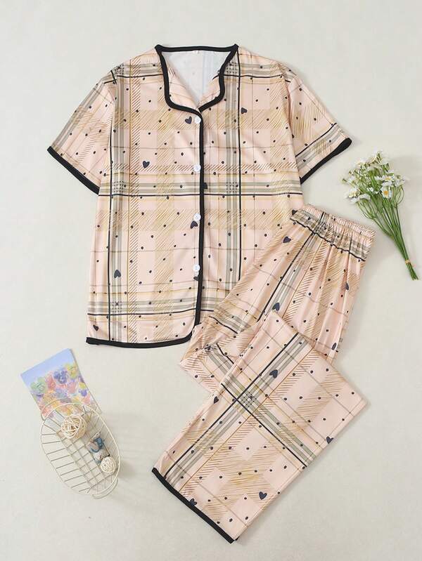 Set Piyama Wanita Lengan Pendek dan Celana Panjang Motif Hati & Kotak-kotak
