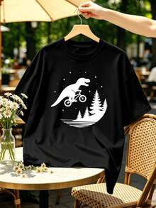 Schwarzes T-Shirt mit Dinosaurier- und Fahrradmotiv, aus hochwertigem Stoff, Rundhalsausschnitt, lockere und bequeme Passform, künstlerischer Druck. - Schwarz - Übersicht 2