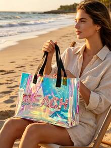 Iridescent Laser Transparent PVC Beach Tote Bag, Large Capacity Beach Letter + Matching Pattern Zipper Pouch, Waterproof Sand-Resistant Easy To Clean, Can Store Swimwear, Towels, Sunscreen, Cosmetics, Suitable For Beach Vacation, Pool Party, Camping Picnic, Short Trip Scenarios, Suitable For Students, Moms, Travel Girls, Qixi, Birthday, Summer Festival Gift, Also Can Be Used As Toiletry Bag, Shopping Bag, Travel Storage Bag - Multicolor - View 1