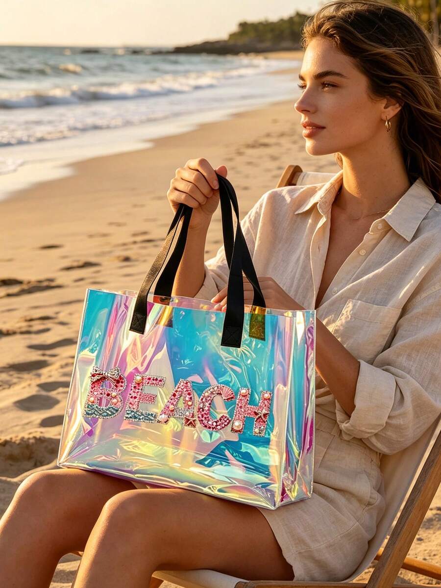 Iridescent Laser Transparent PVC Beach Tote Bag, Large Capacity Beach Letter + Matching Pattern Zipper Pouch, Waterproof Sand-Resistant Easy To Clean, Can Store Swimwear, Towels, Sunscreen, Cosmetics, Suitable For Beach Vacation, Pool Party, Camping Picnic, Short Trip Scenarios, Suitable For Students, Moms, Travel Girls, Qixi, Birthday, Summer Festival Gift, Also Can Be Used As Toiletry Bag, Shopping Bag, Travel Storage Bag - Multicolor - View 1