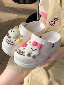ASOFTER Summer New Cute Casual Style Women's Khaki Clogs, Cartoon Rabbit Decor Closed Toe Thick Sole Sandals, Suitable For Cherry Blossom Season, Graduation Season, Valentine's Day - White - View 11