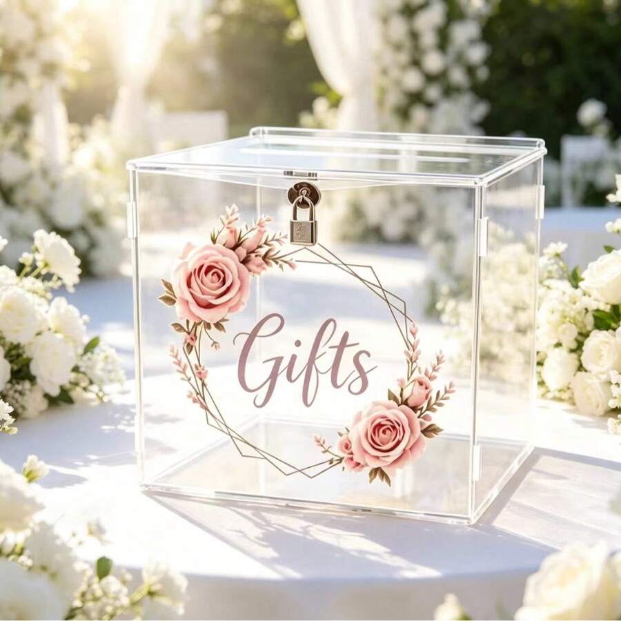 Wedding Card Box, Birthday Card Box, Party Storage Box, Pink Rose Represents Gentle Love, Gratitude, Elegance, Happiness And Beautiful Blessings - 1PC - View 1