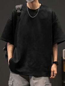 Men's Casual Simple Solid Color Drop Shoulder Loose T-Shirt, Emo - Black - View 3