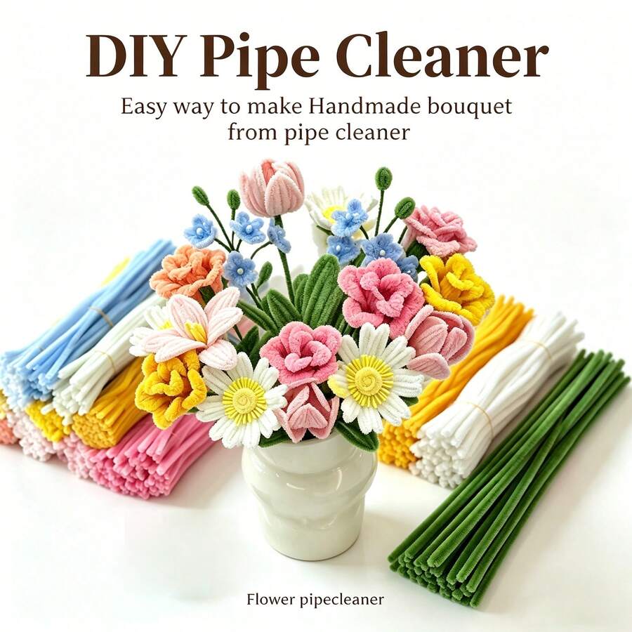Tallo de tubería de limpieza, materiales florales hechos a mano, conjunto de ramo de flores de terciopelo de tubería con accesorios y tutorial, kit DIY mejorado hecho a mano, adecuado para decoración y regalos - Ramo de la serie colorida - Ver 1