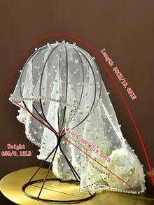 1件白色仿珍珠短款鳥籠面紗，新娘婚禮面紗，婚禮攝影派對造型頭飾 - 彩色 - 查看 8